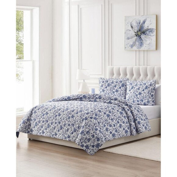 NEW Seventh Studio 3-Piece Alfie Floral Pinsonic Quilt Set Blue Floral King - Picture 2 of 11